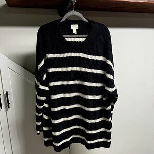 H&M Oversized Cotton Blend Striped Sweater -  2XL - Black & White